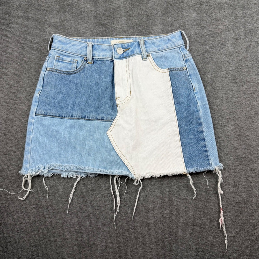 PacSun Denim Mini Skirt Women's 25 Blue White Patchwork Colorblock Raw Hem